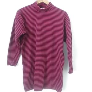 Vintage 80s/90s Mock Neck Long Sleeve Mini Dress, Burgundy and Navy Striped